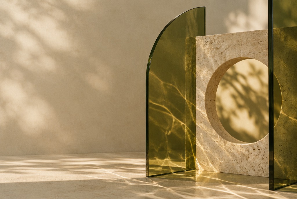 Abstraktes Kunstmotiv aus olivgrünem Glas, Licht und Schatten